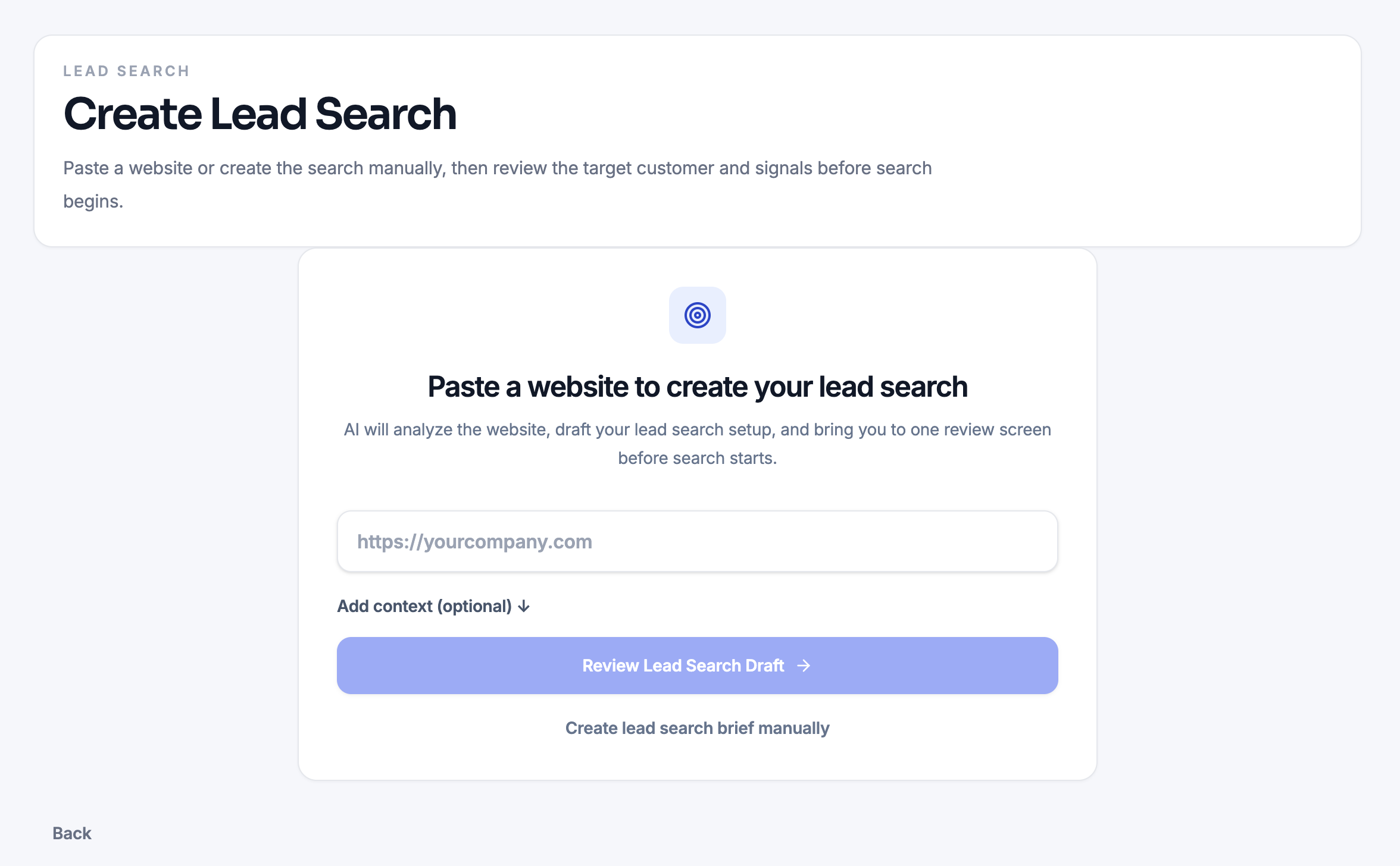 Create a lead search by adding a website
