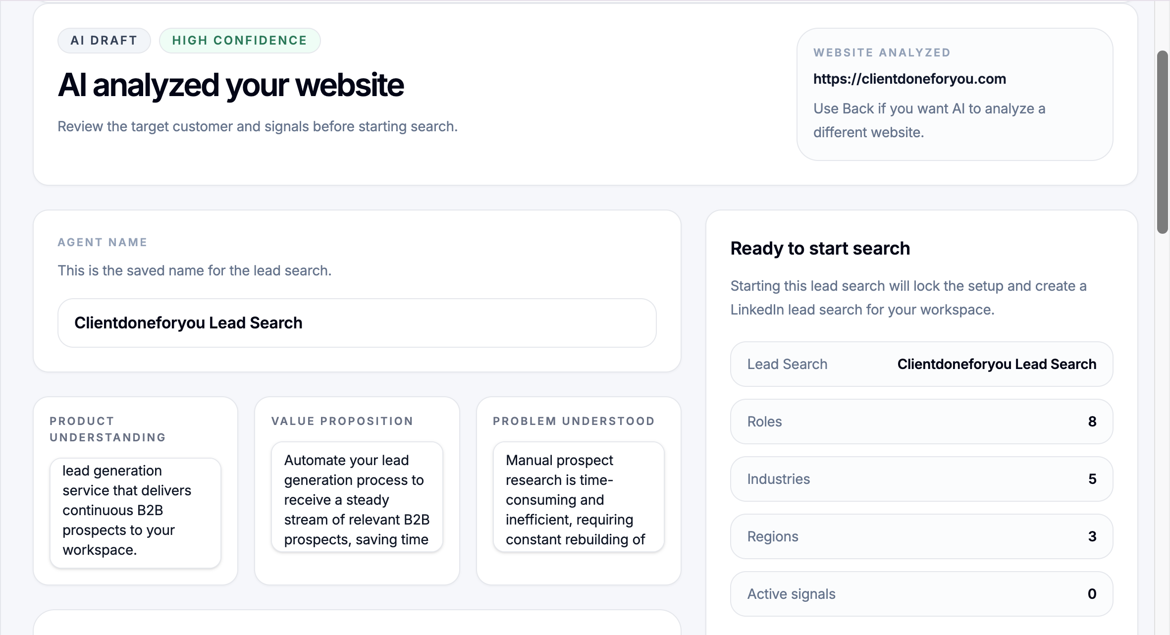 ClientDoneForYou website analysis and search summary
