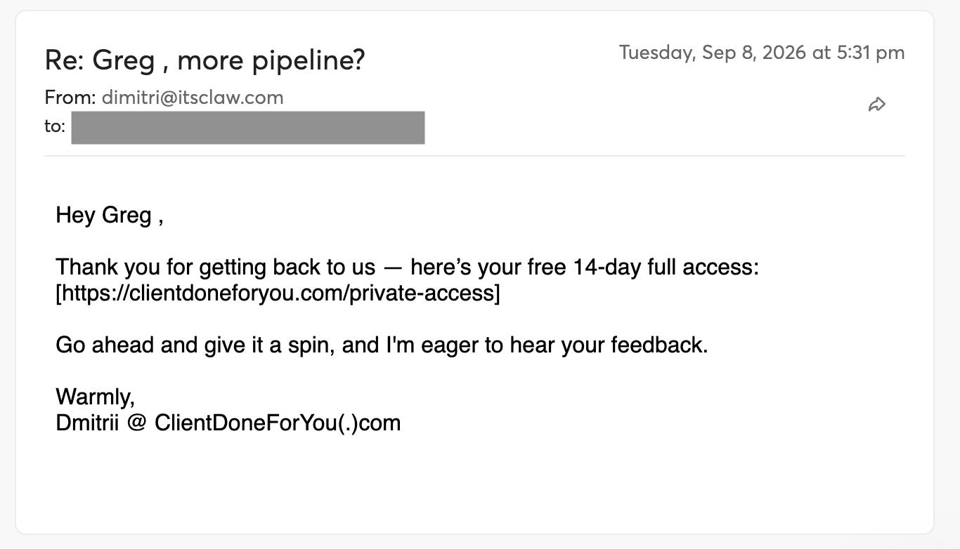 Actual message delivering private 14-day access
